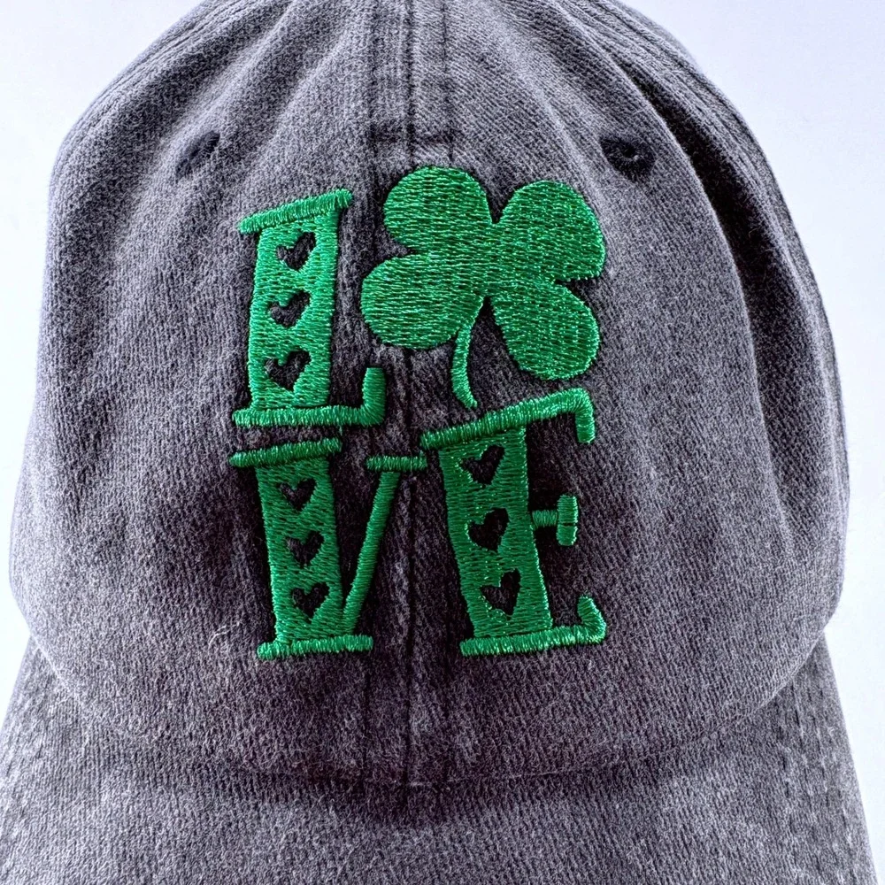 LOVE Shamrock Embroidered Washed Cotton Gray Baseball Cap Dad Hat